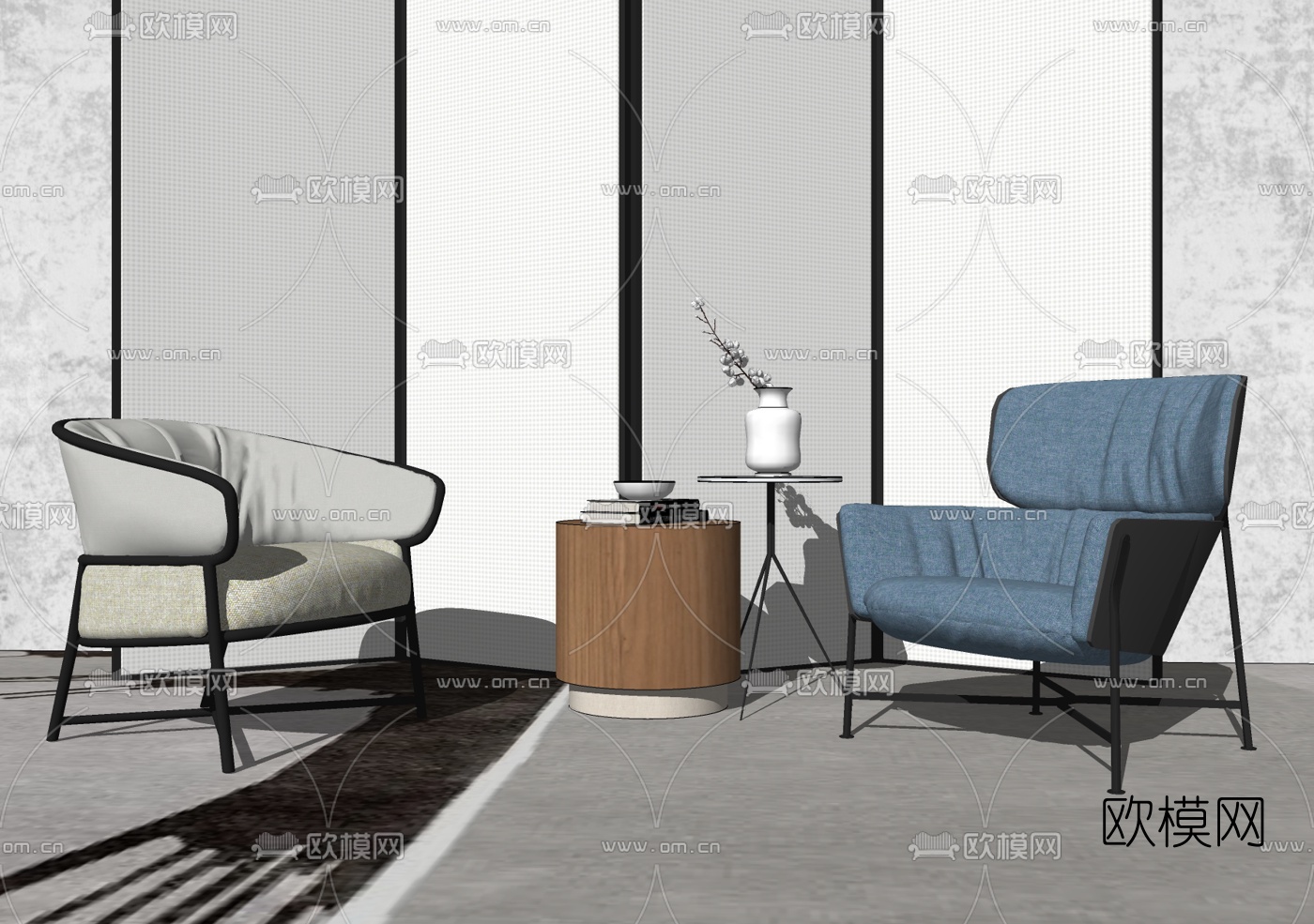 新中式布艺单人沙发su模型下载（渲染图1）
