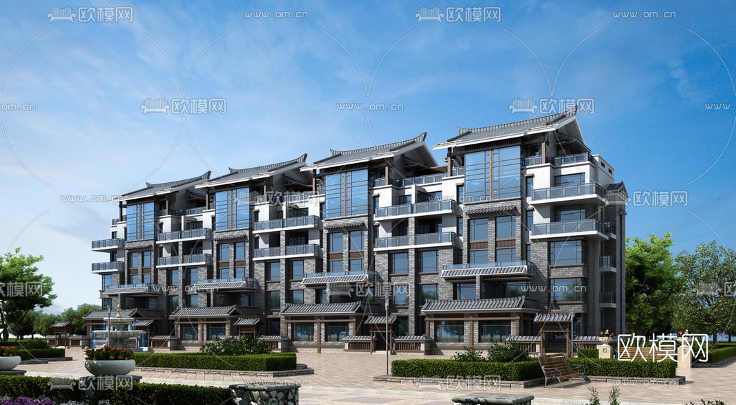 新中式联排别墅外观3d模型-免费3dmax模型库-欧模网