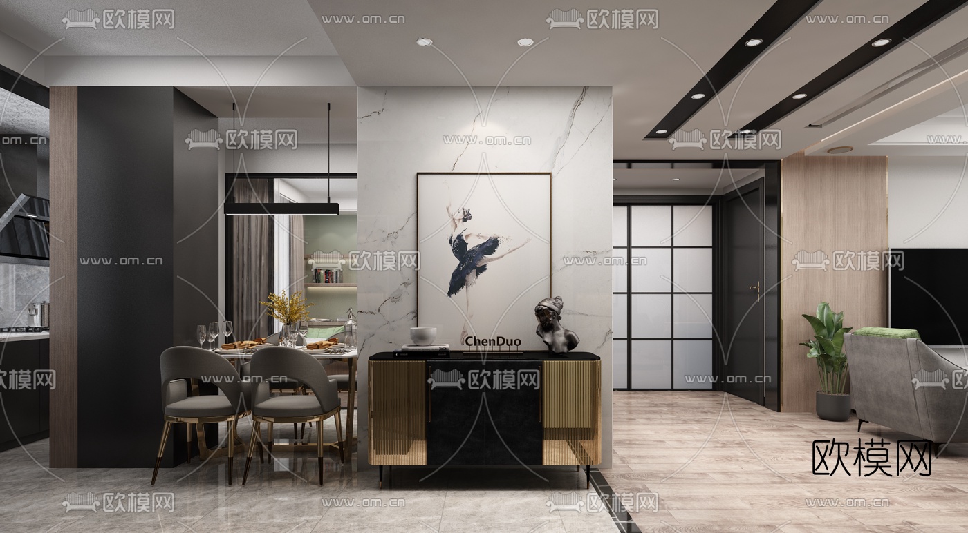 北欧轻奢客厅餐厅厨房3d模型