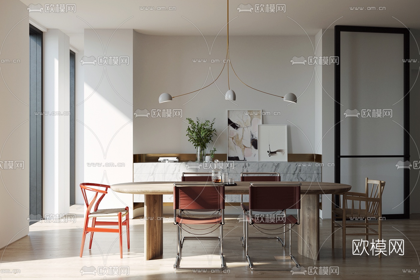 Mim Design设计 北欧原木餐桌椅3d模型下载（渲染图1）