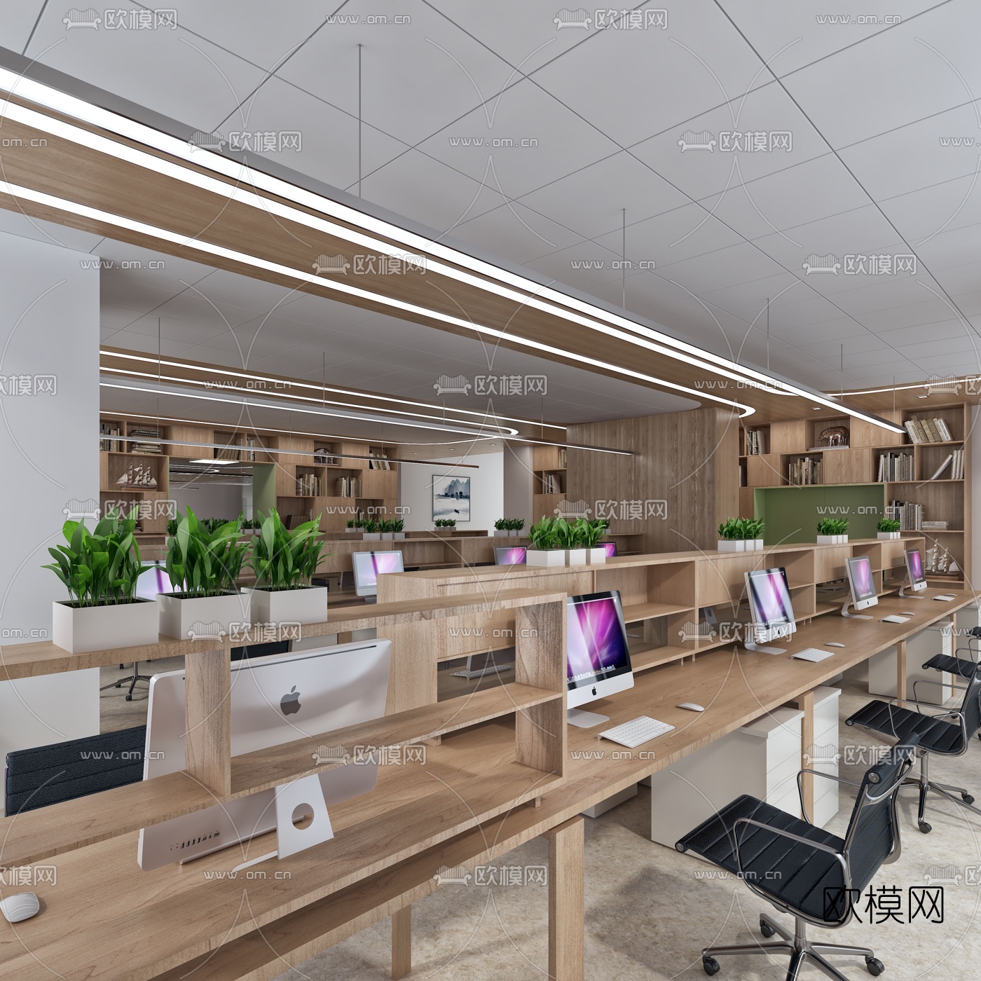 新中式开敞式办公区3d模型下载_ID10355251_3dmax免费模型-欧模网