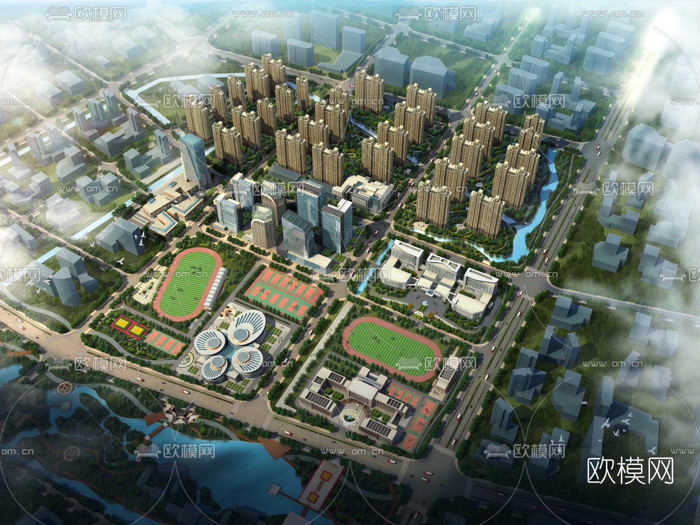 现代城市鸟瞰规划3d模型下载_ID10482442_3dmax免费模型-欧模网