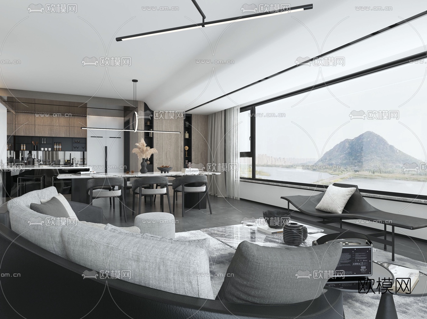 现代黑白灰客厅餐厅3d模型