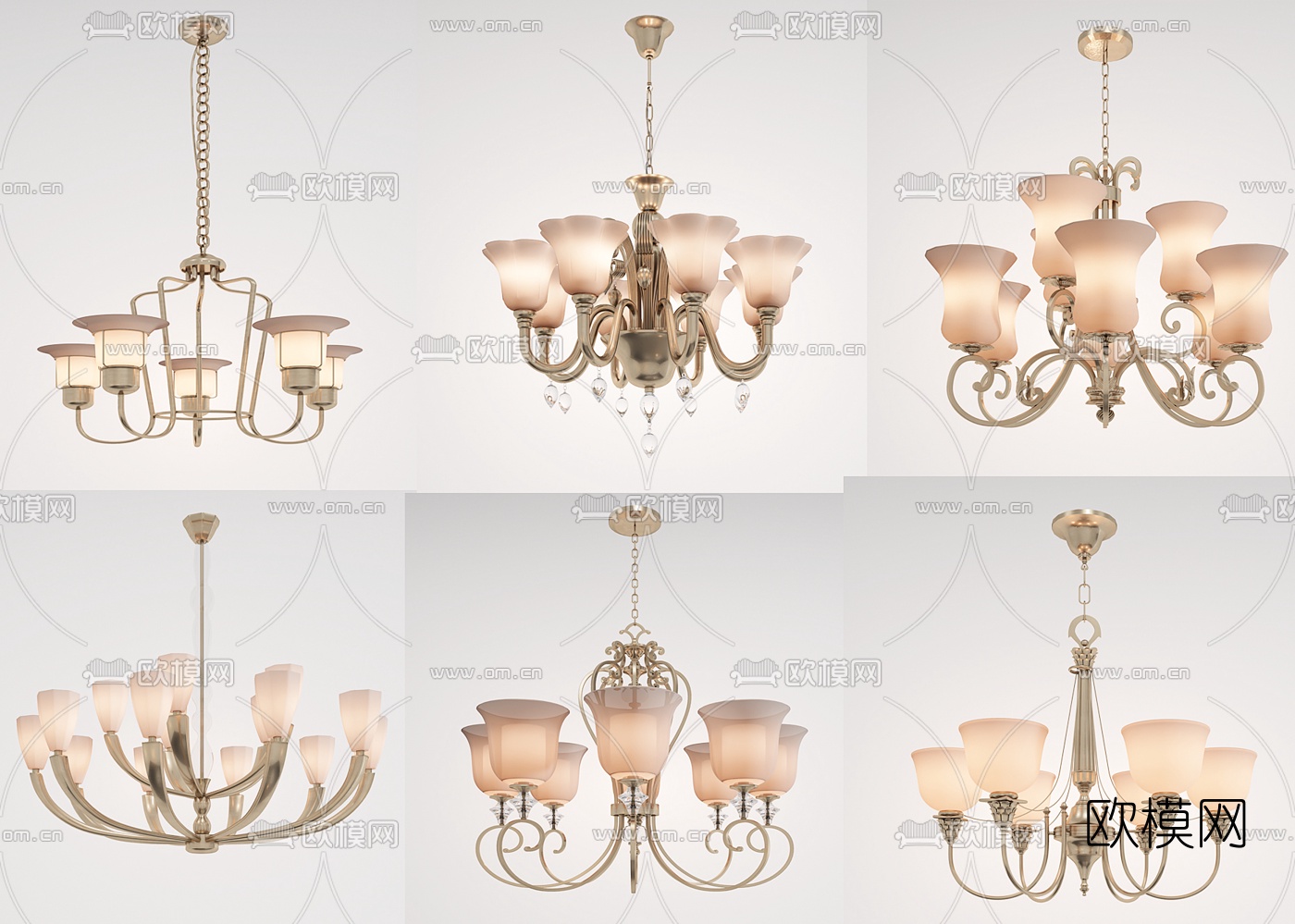 美式金属多头吊灯组合3D模型下载