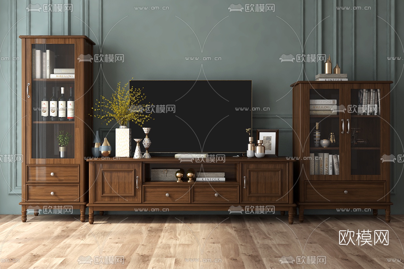 美式实木电视柜组合3d模型下载（渲染图4）