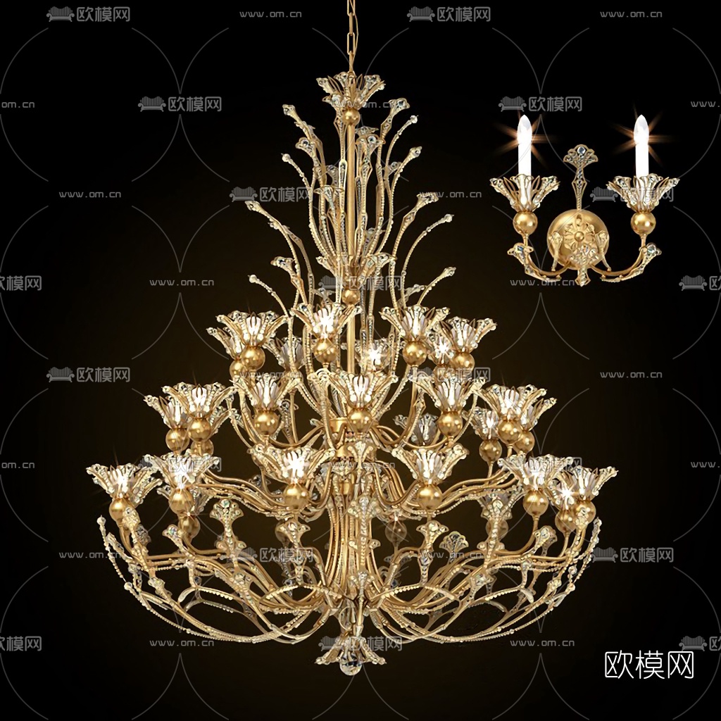 欧式金属多头多层水晶吊灯3d模型下载