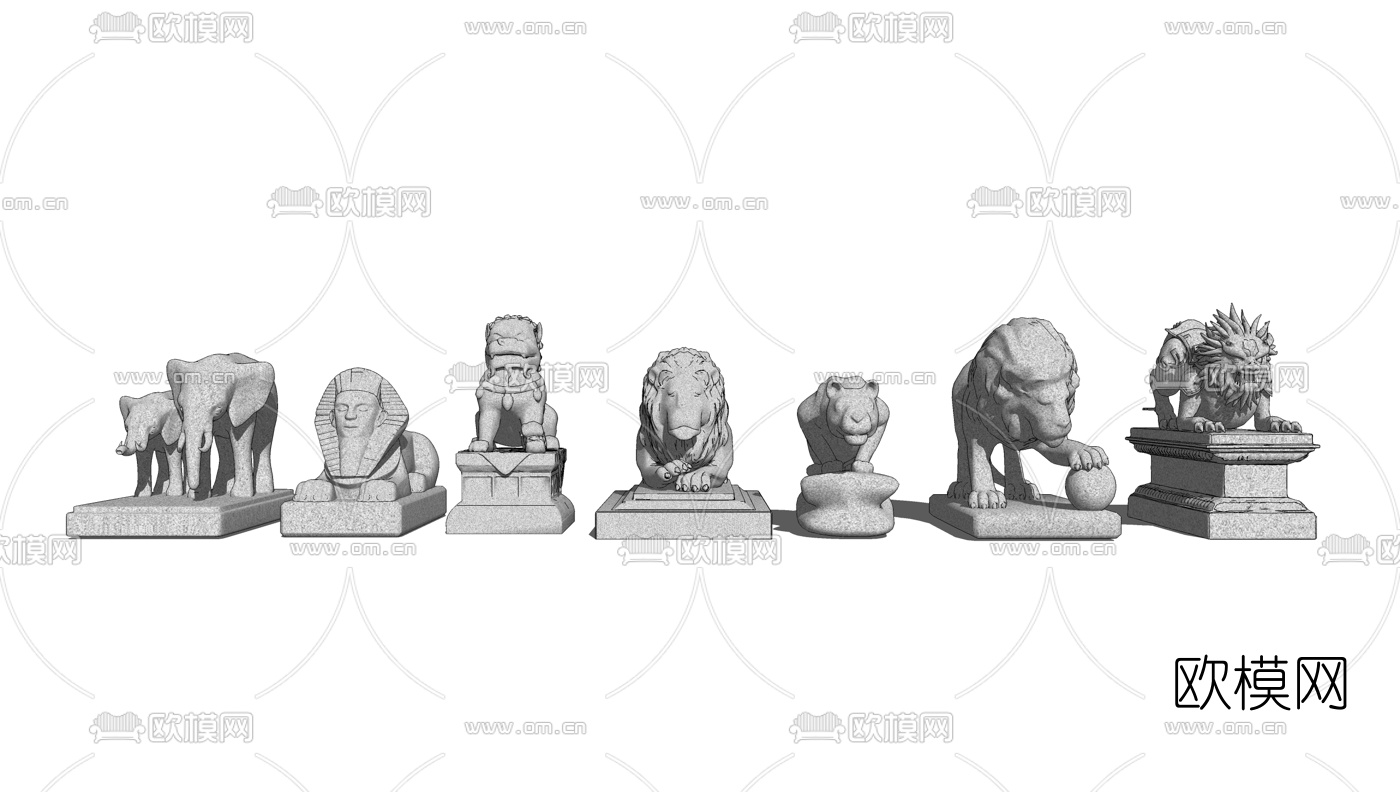 中式石狮子麒麟雕塑组合su模型下载（渲染图1）