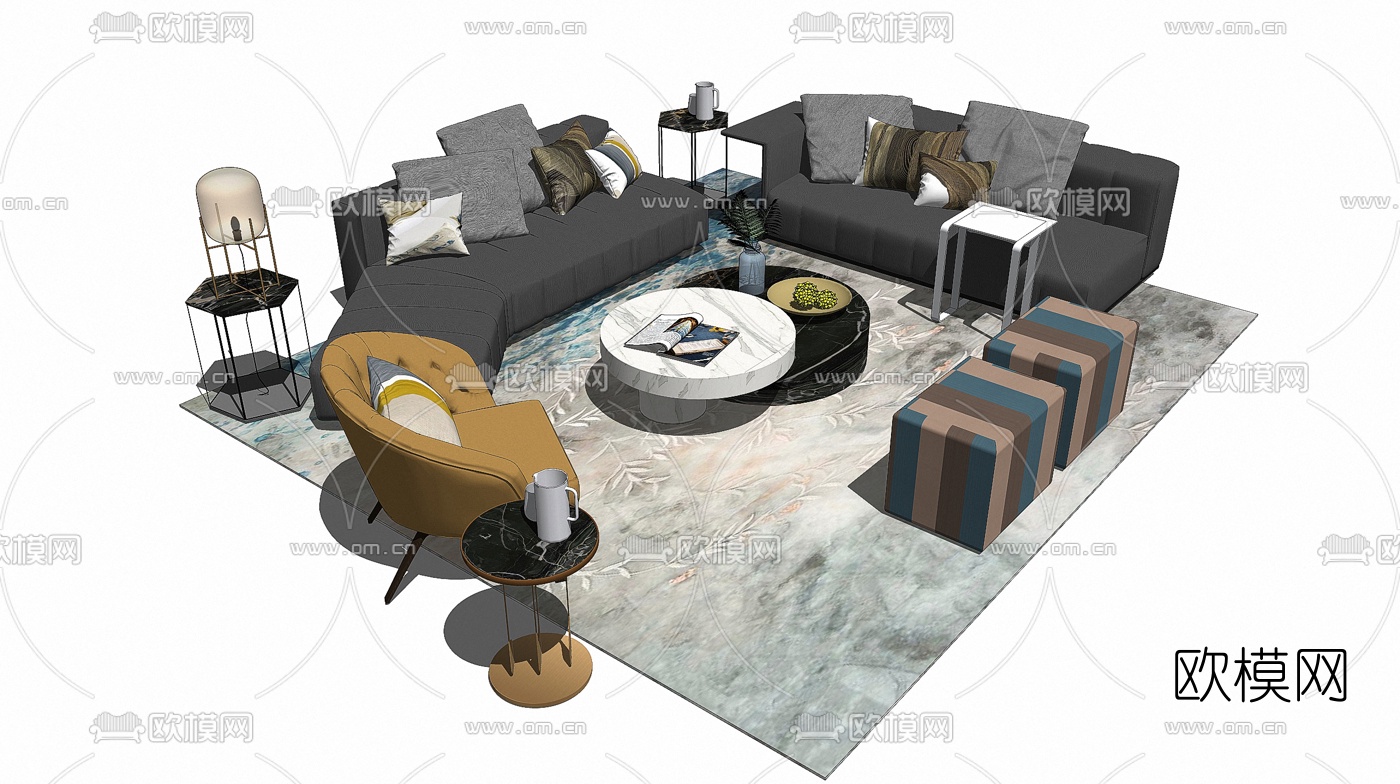 现代轻奢沙发组合su模型下载（渲染图1）
