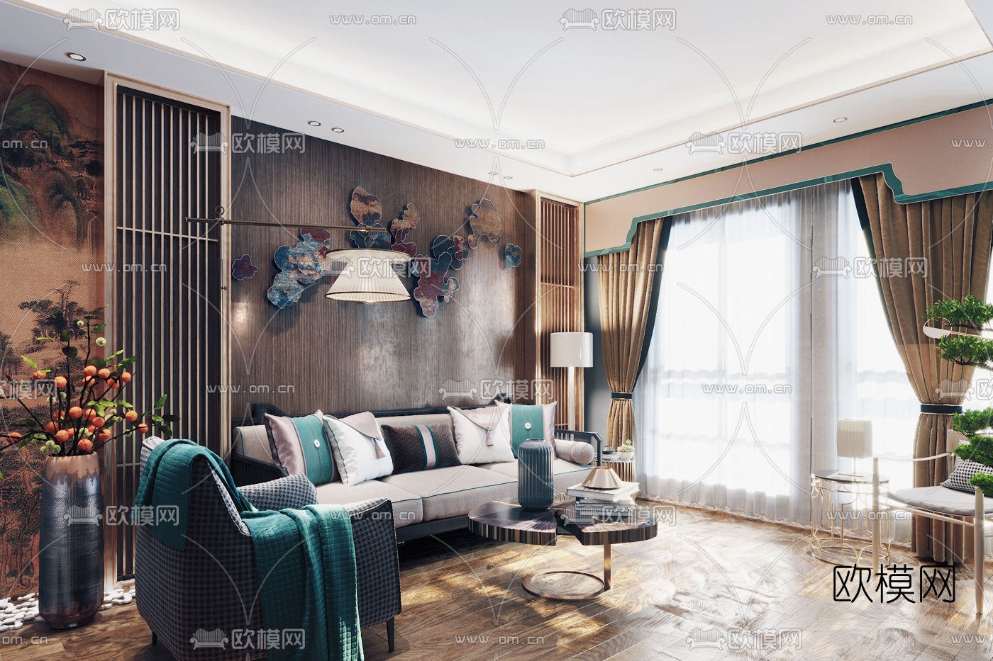 新中式轻奢沙发组合3d模型-免费3dmax模型库-欧模网