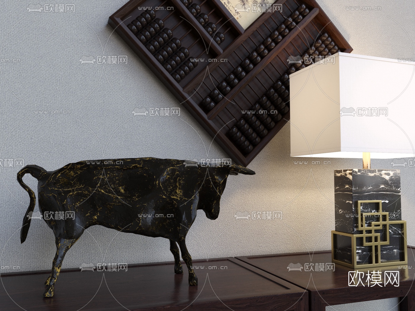 新中式装饰柜摆件组合3D模型下载（渲染图2）