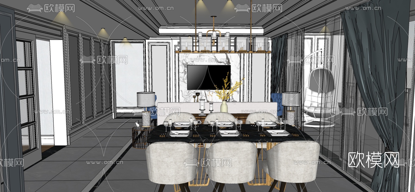 美式轻奢客餐厅su模型下载（渲染图5）