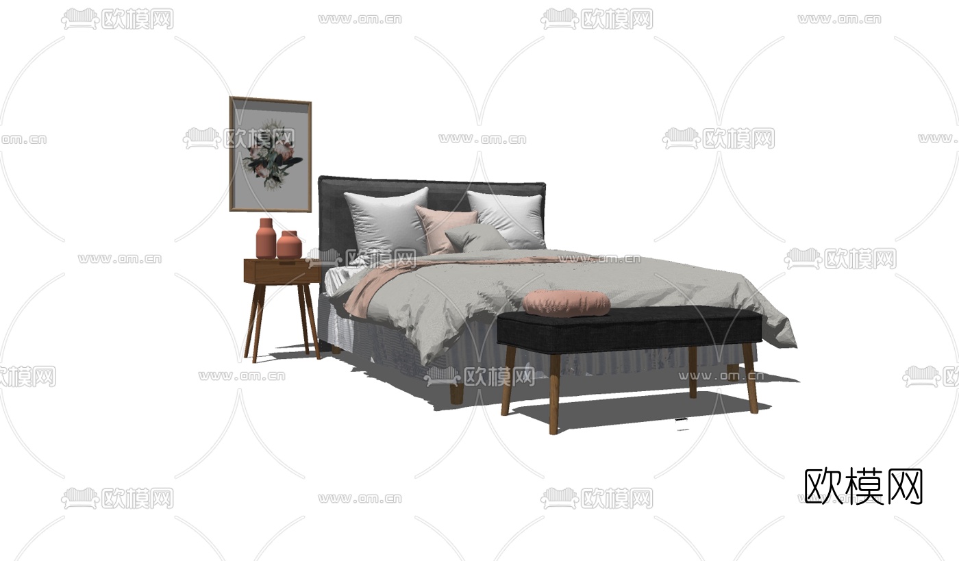 北欧双人床组合su模型下载（渲染图2）