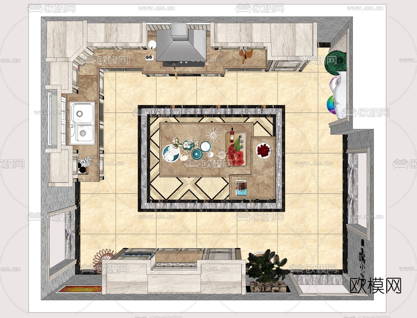 欧式厨房su模型下载（渲染图2）