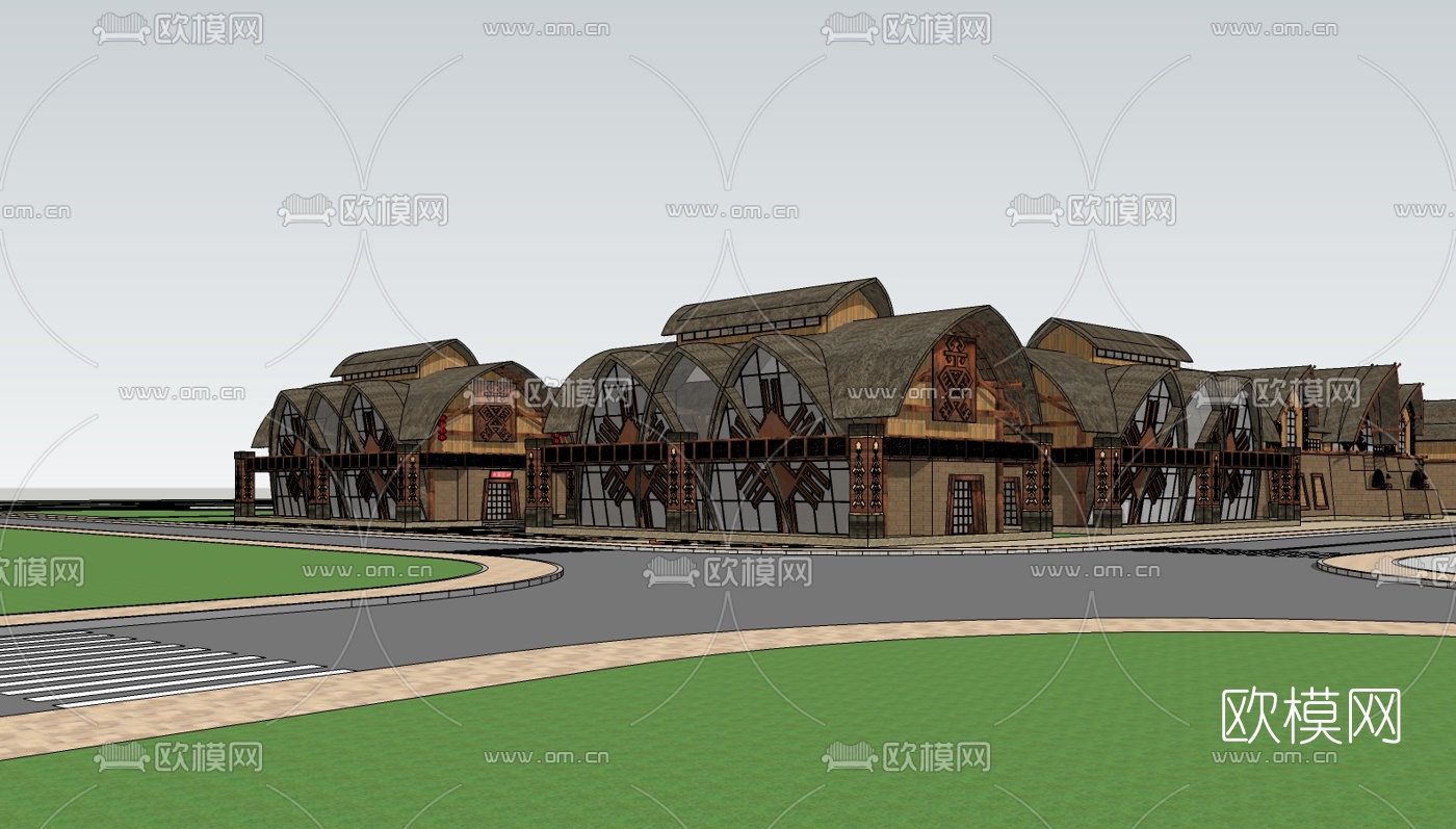 黎族风商业街su模型下载（渲染图1）