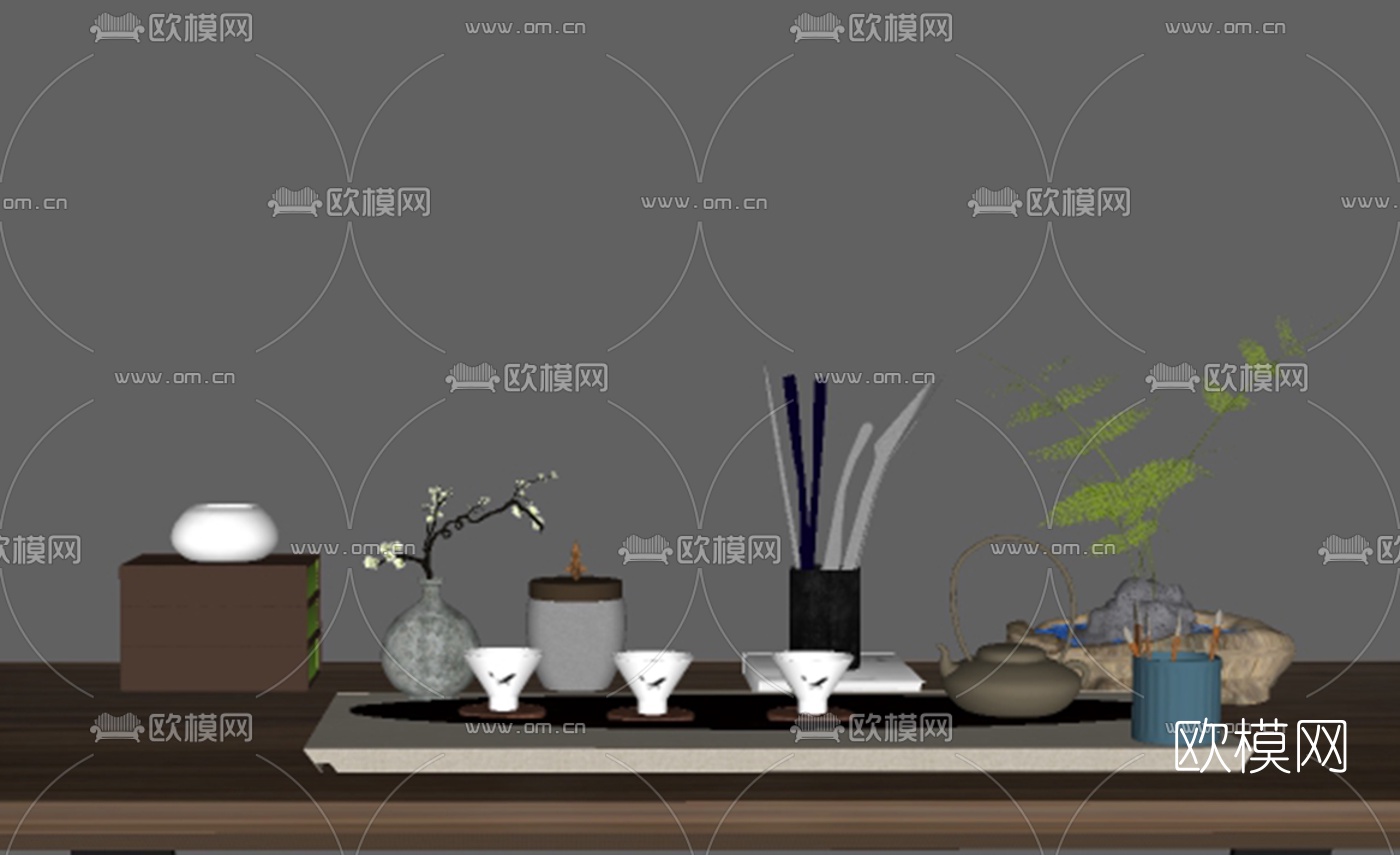 新中式禅意茶具su模型
