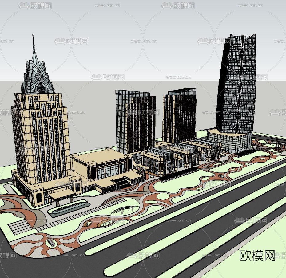 新古典商业街su模型下载（渲染图1）