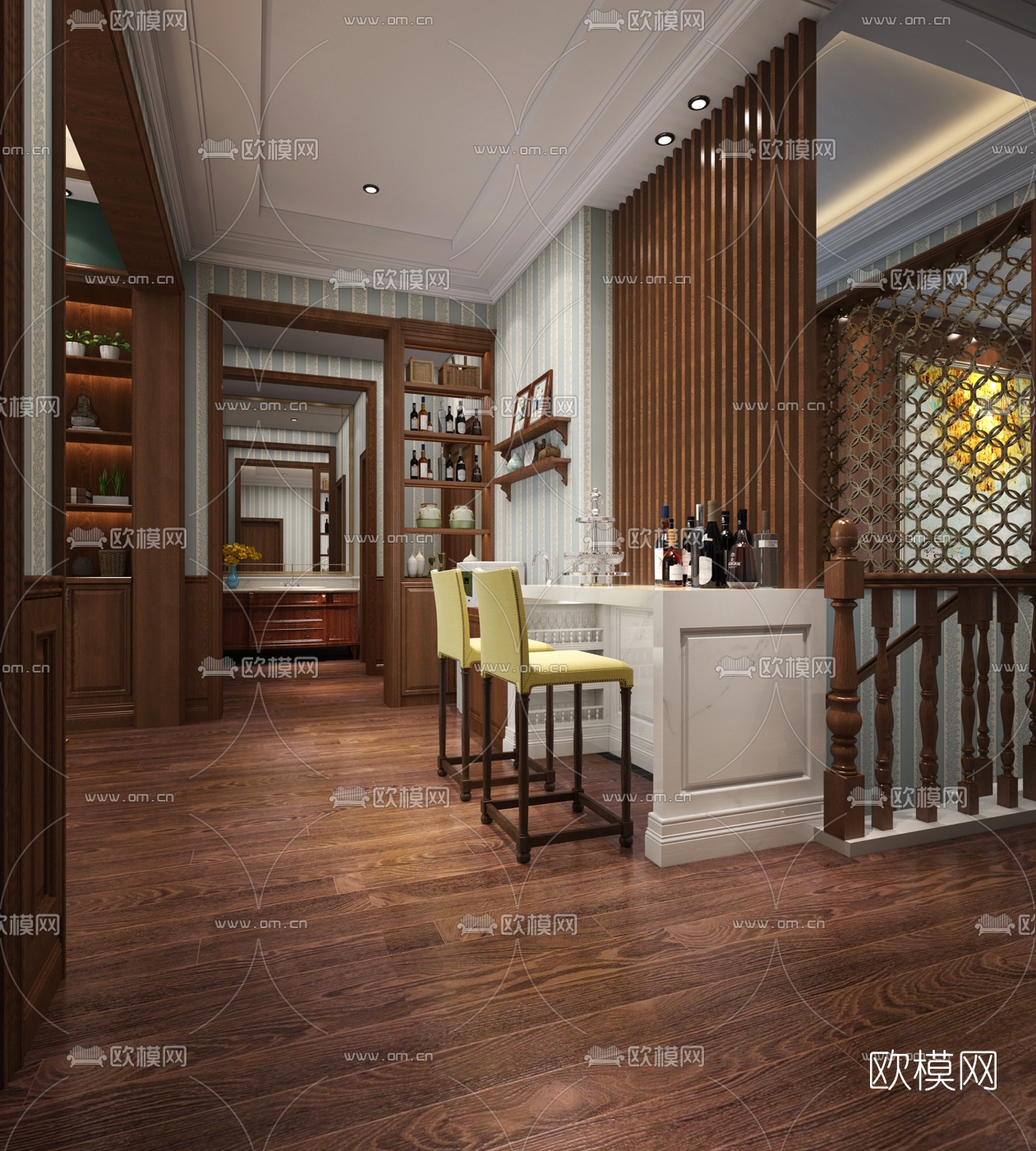 美式客厅吧台3d模型