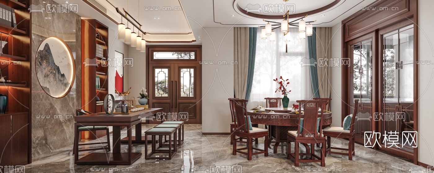 中式客厅餐厅3d模型下载（渲染图4）