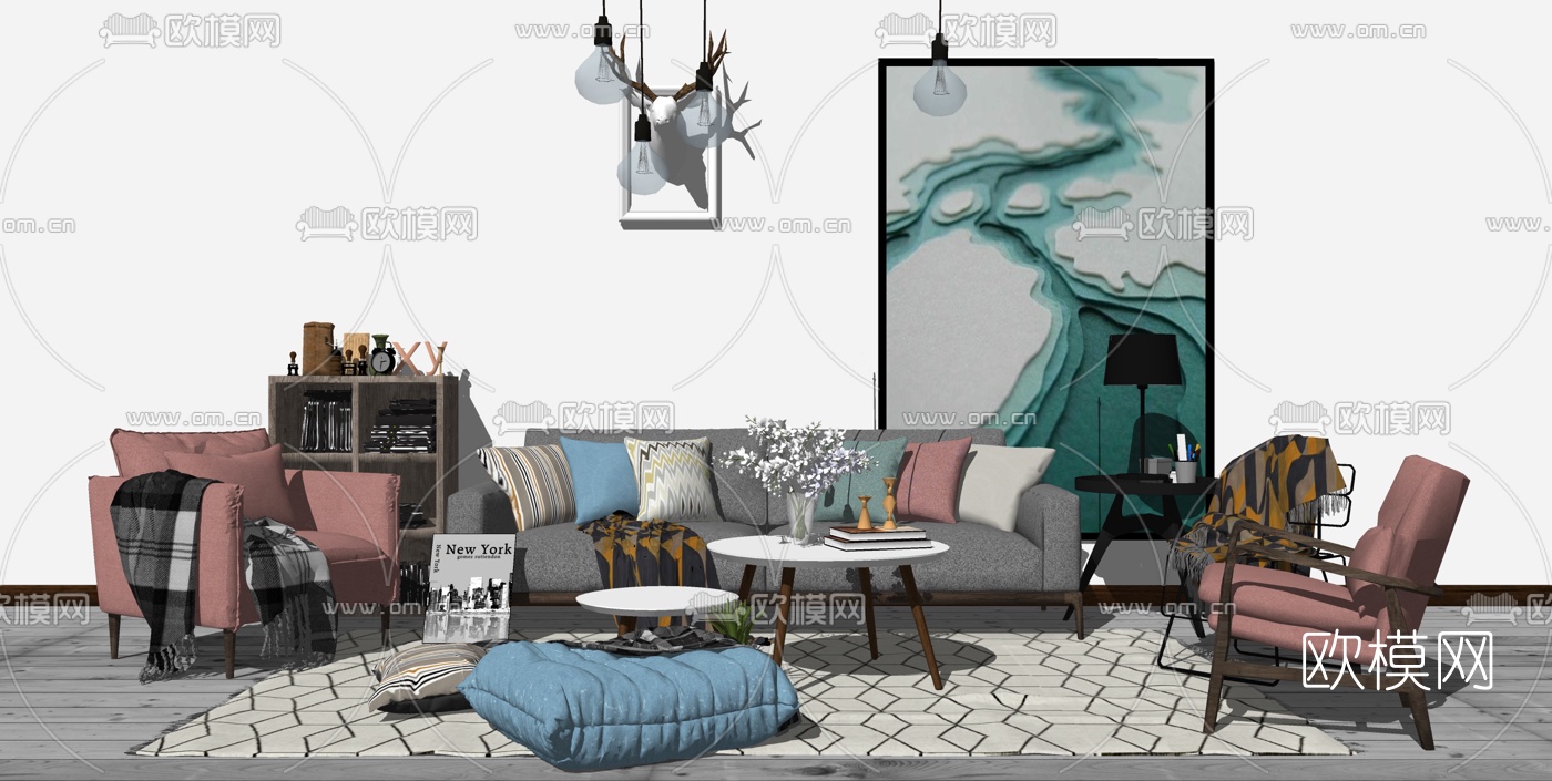 北欧布艺沙发组合su模型下载（渲染图1）
