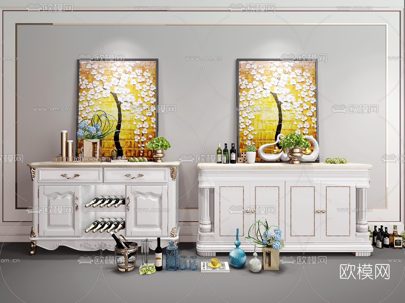 欧式餐边柜摆件组合3D模型下载