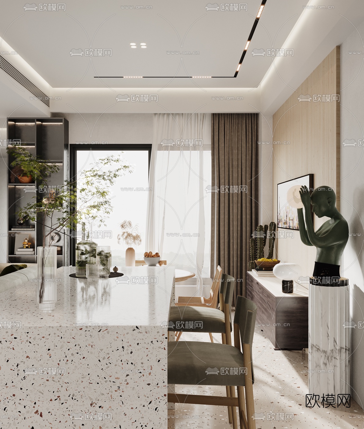 侘寂客厅餐厅3d模型下载（渲染图2）