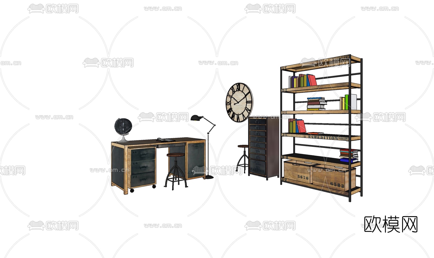 工业风书桌椅su模型下载（渲染图3）