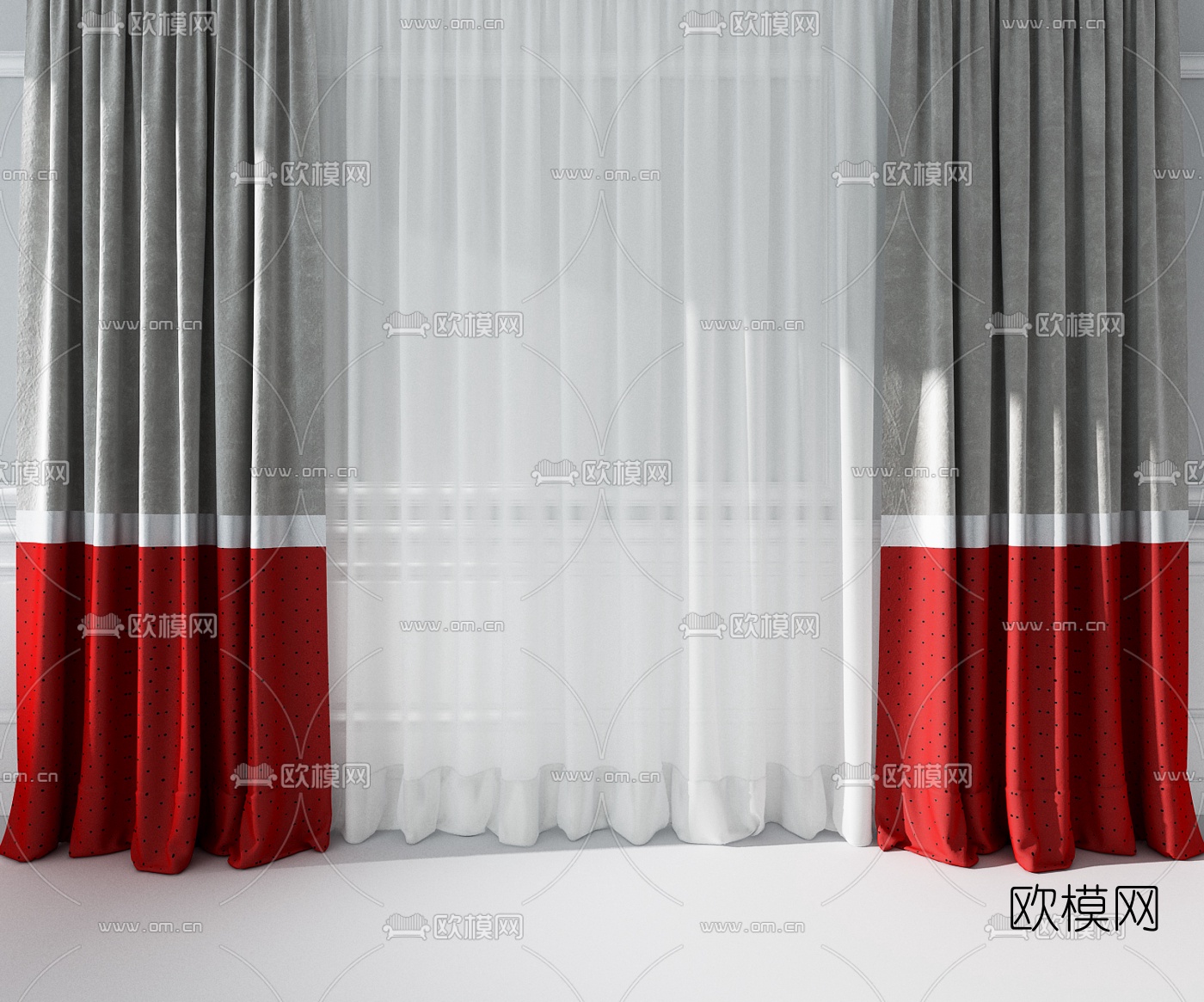 现代布艺窗帘组合3D模型下载（渲染图1）