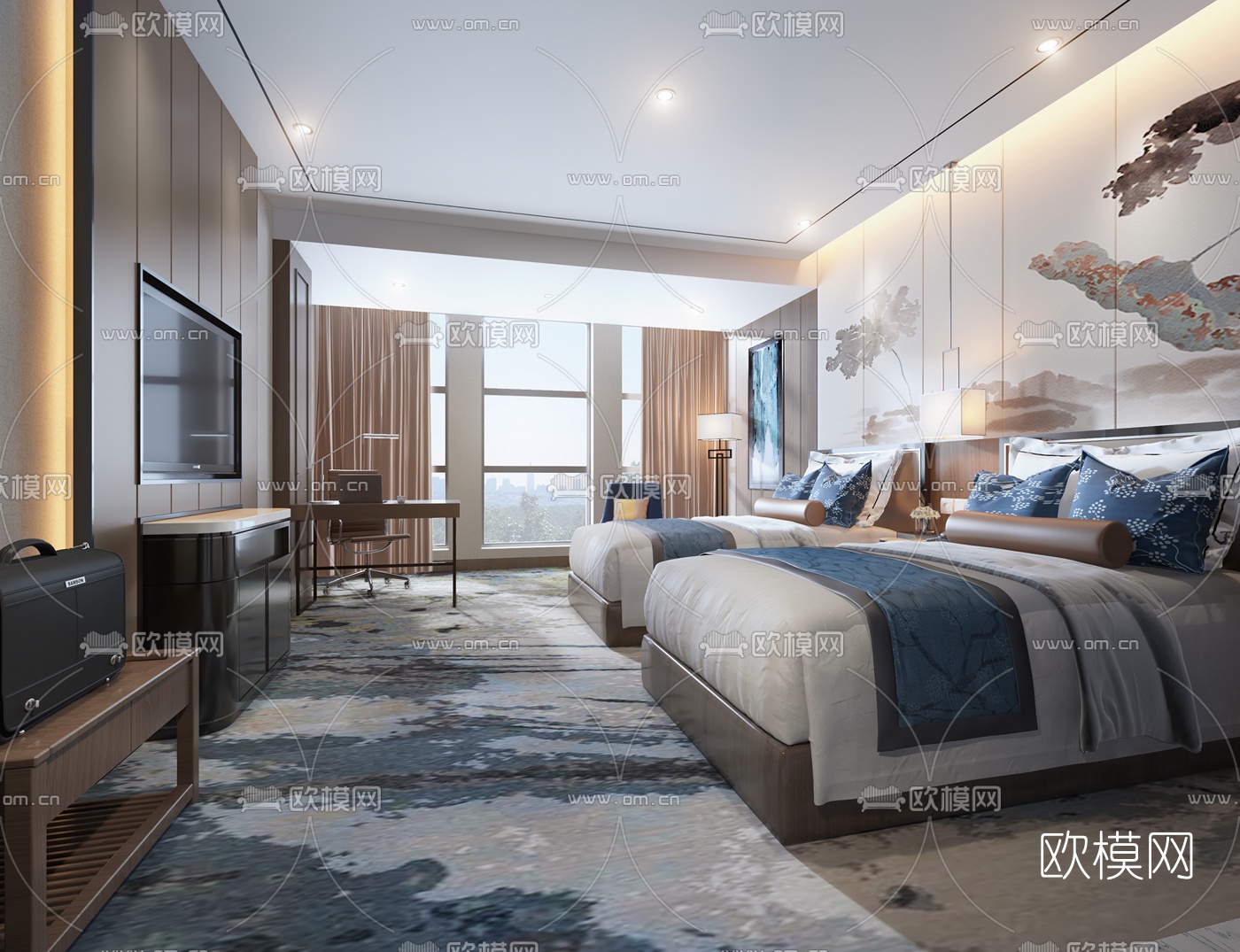 新中式酒店客房双人房3D模型下载_ID10169218_3dmax免费模型-欧模网