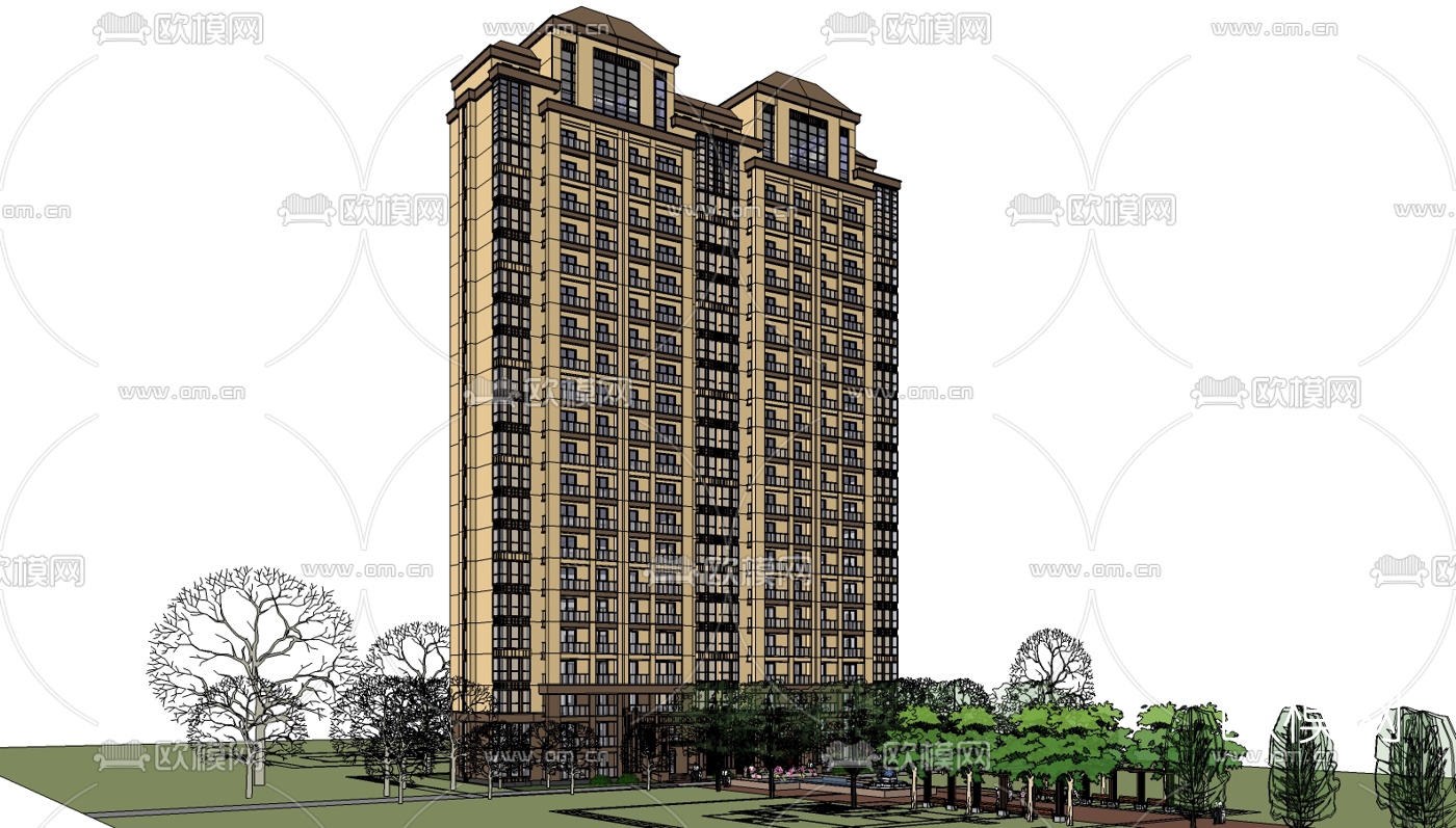 新古典高层公寓楼su模型下载（渲染图1）