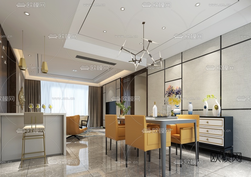 现代客厅餐厅3D模型下载(渲染图2)