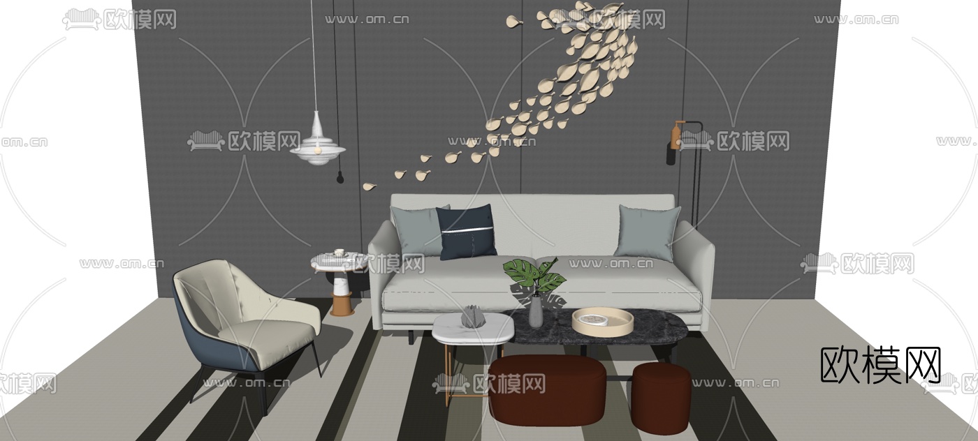 现代沙发组合su模型下载