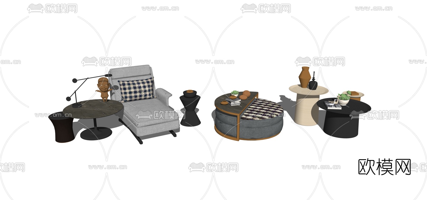 现代贵妃椅茶几边几组合su模型下载