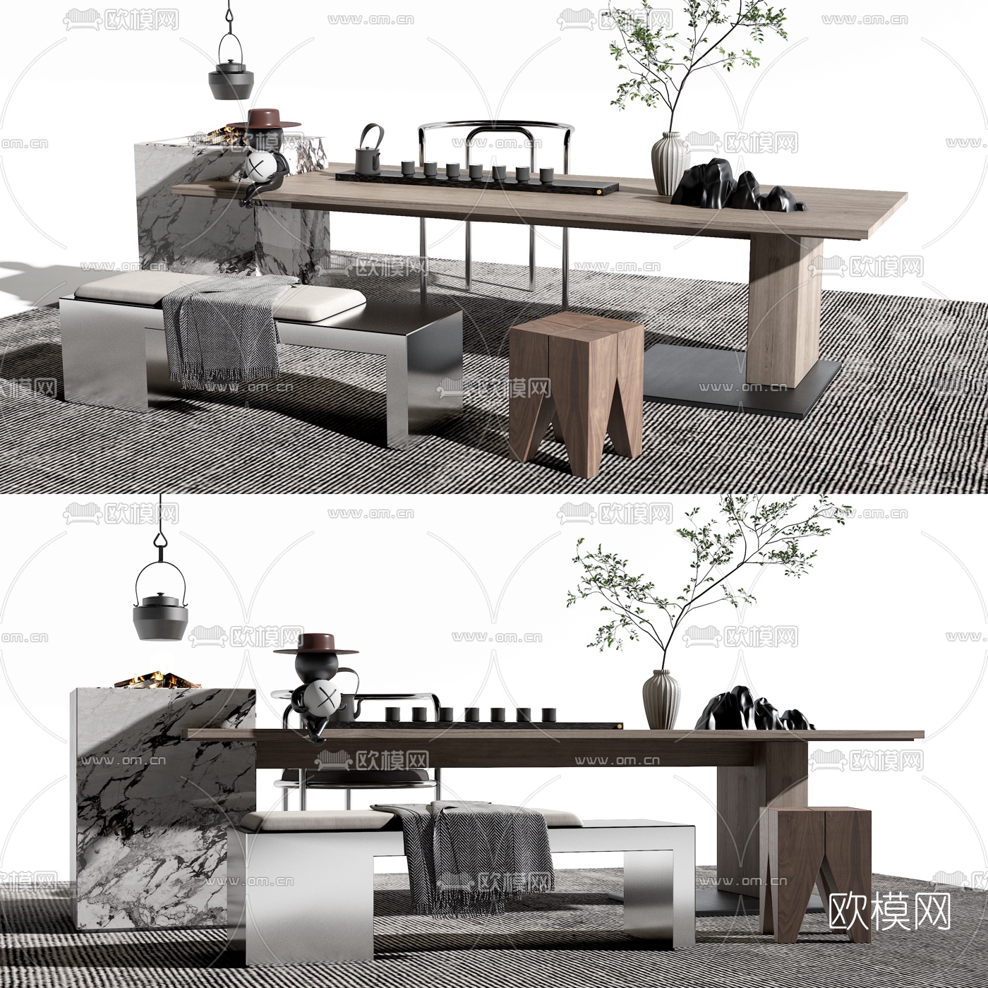 新中式实木茶桌椅3d模型