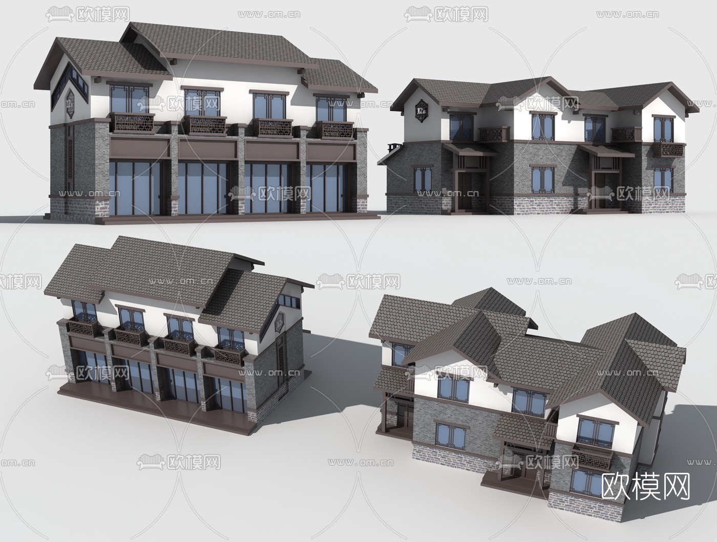 中式乡村别墅外观3d模型下载