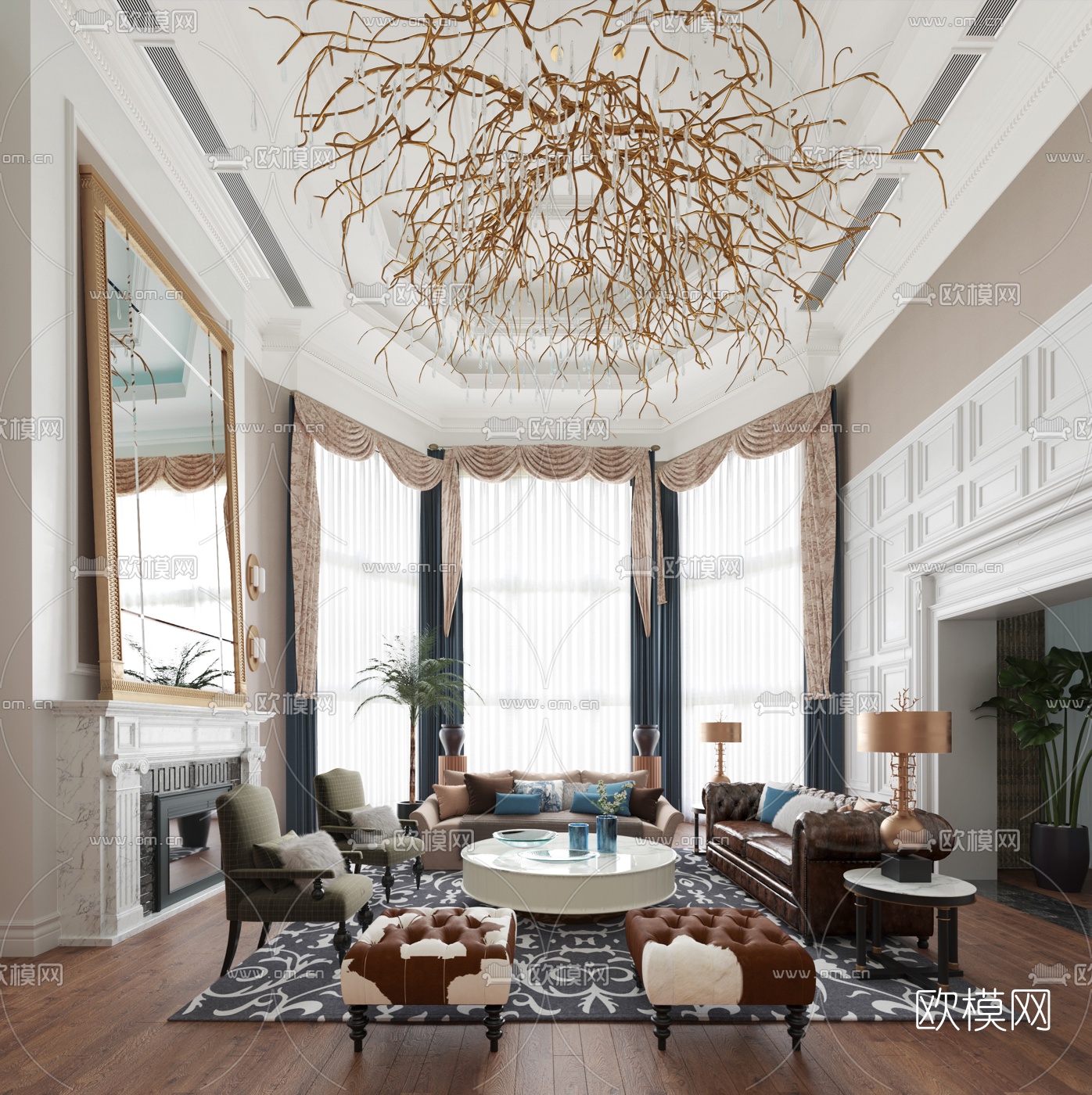 奇恩设计美式混搭别墅客厅3d模型下载（渲染图1）