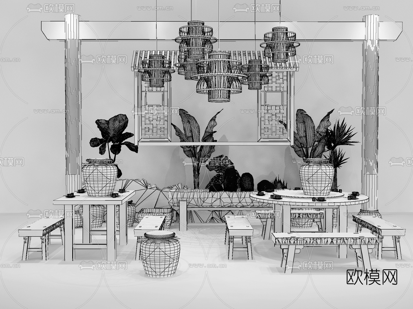 中式实木餐桌椅组合3d模型