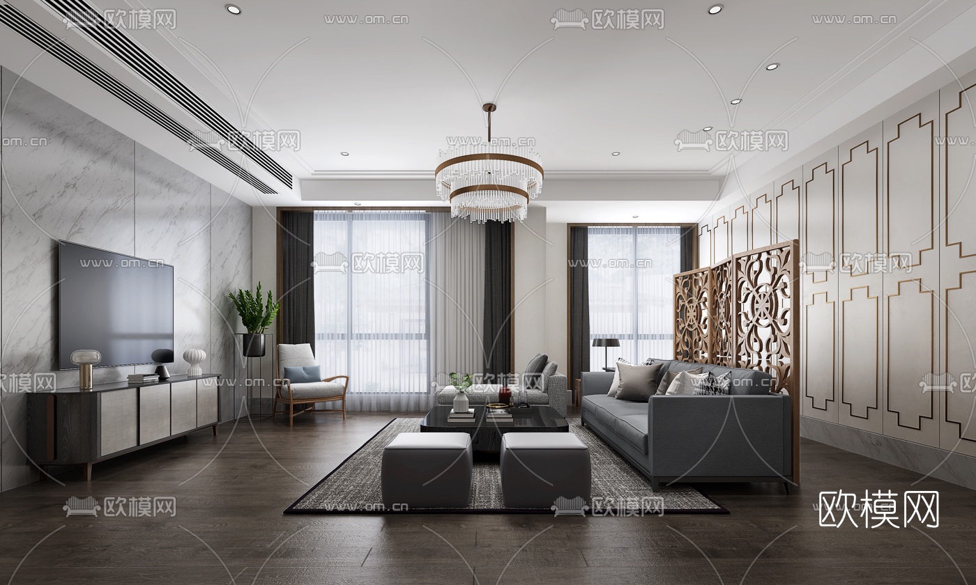 现代高级灰客厅餐厅3d模型下载（渲染图1）