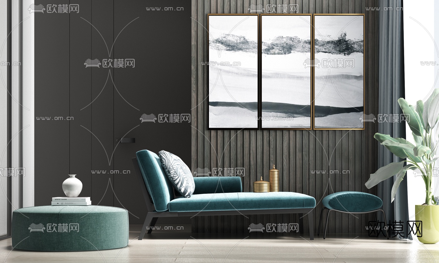 现代轻奢布艺贵妃椅绿植3d模型下载