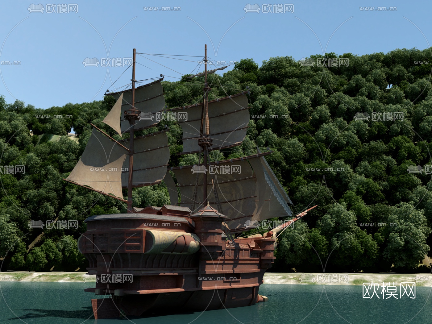 新中式运河宝船3d模型下载（渲染图1）