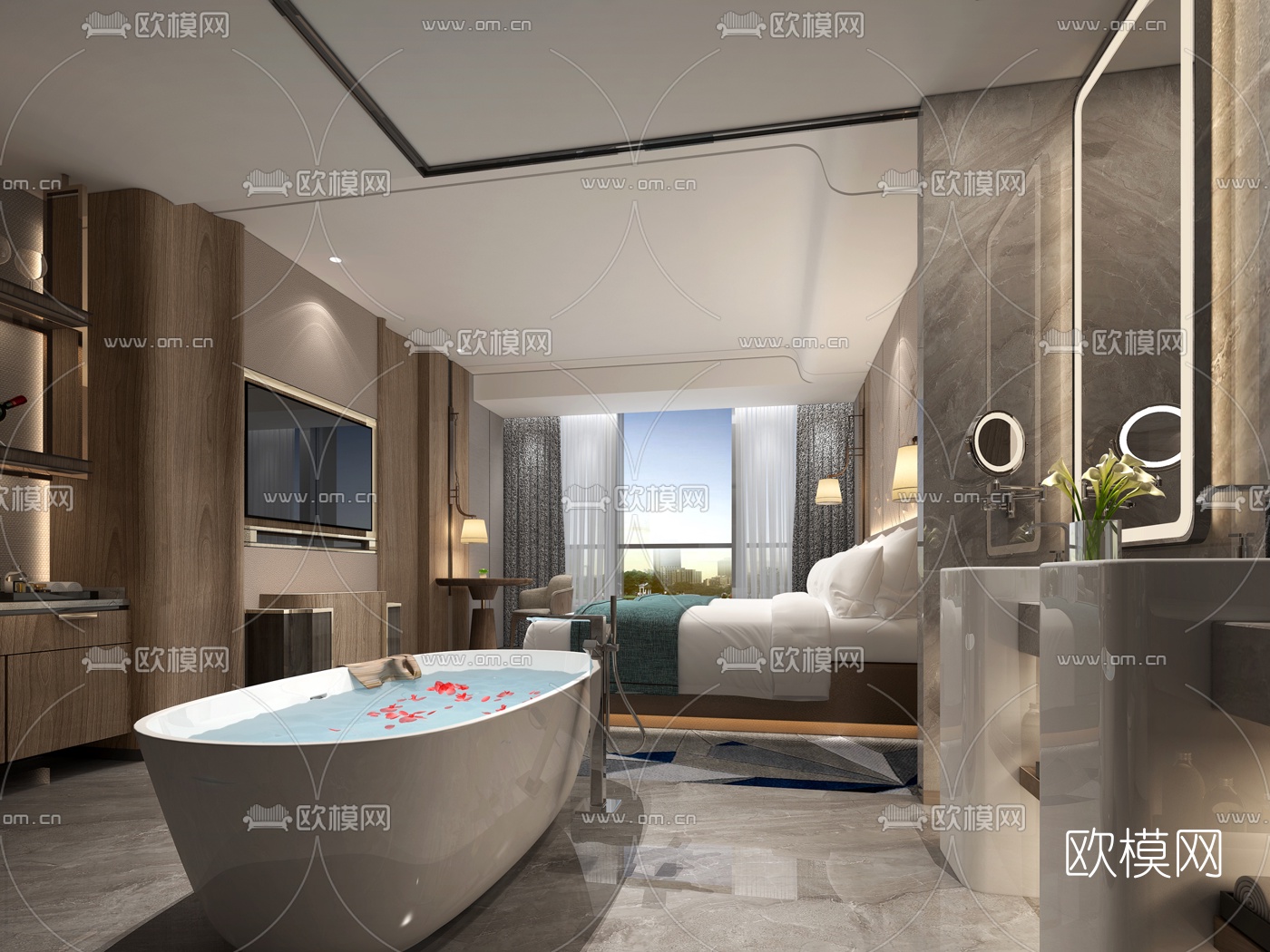 新中式酒店客房3d模型-免费3dmax模型库-欧模网