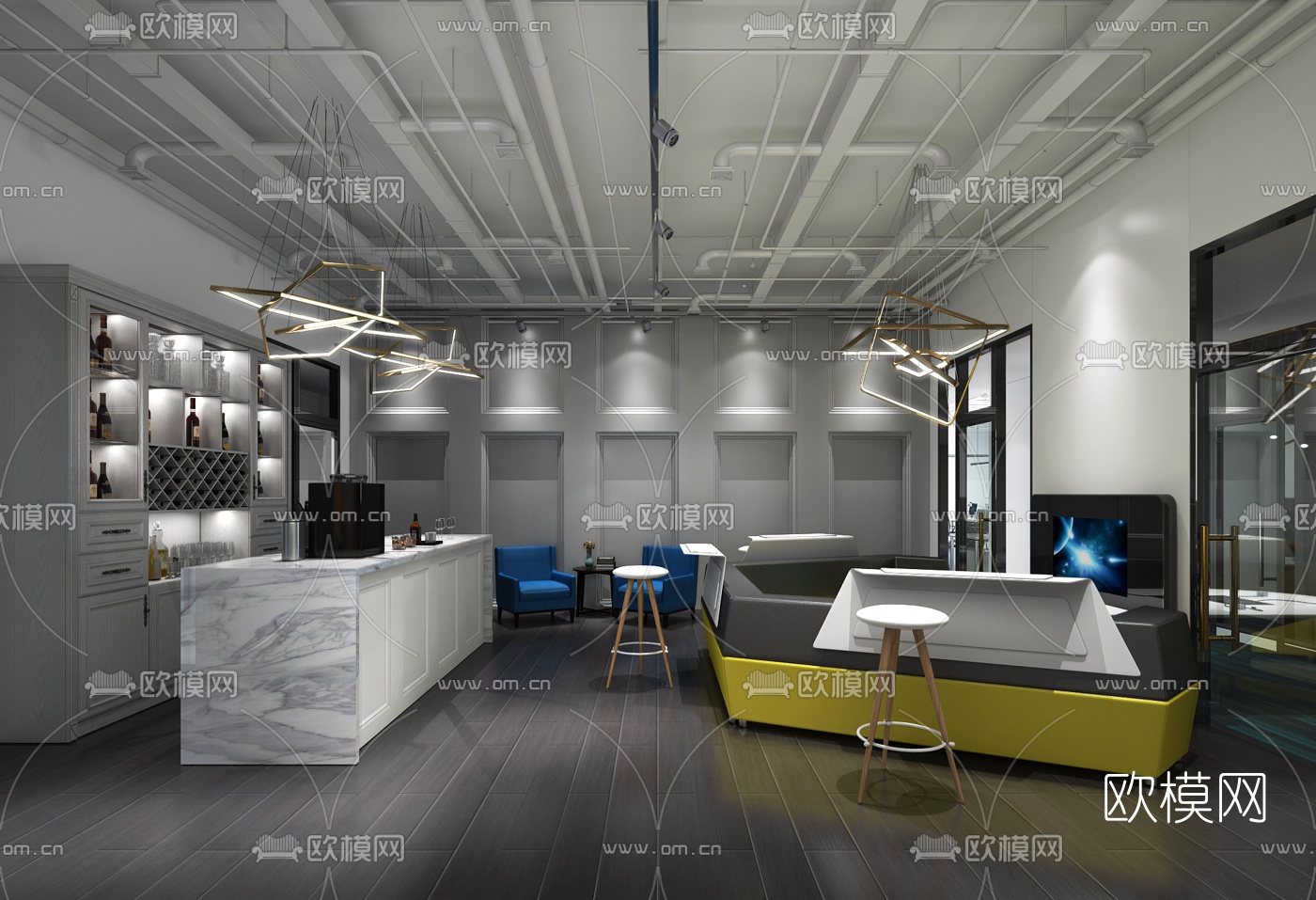 现代展厅办公室前台茶水间3D模型