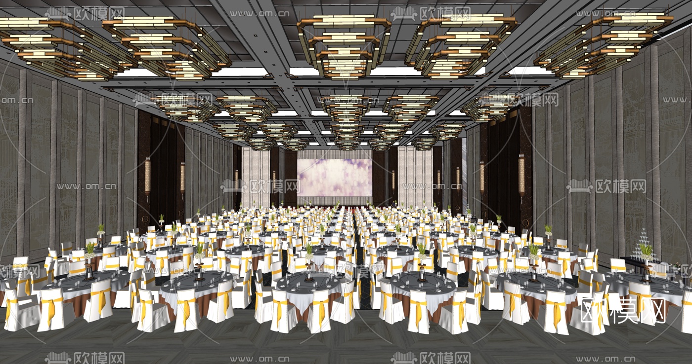 新中式宴会厅su模型下载（渲染图2）
