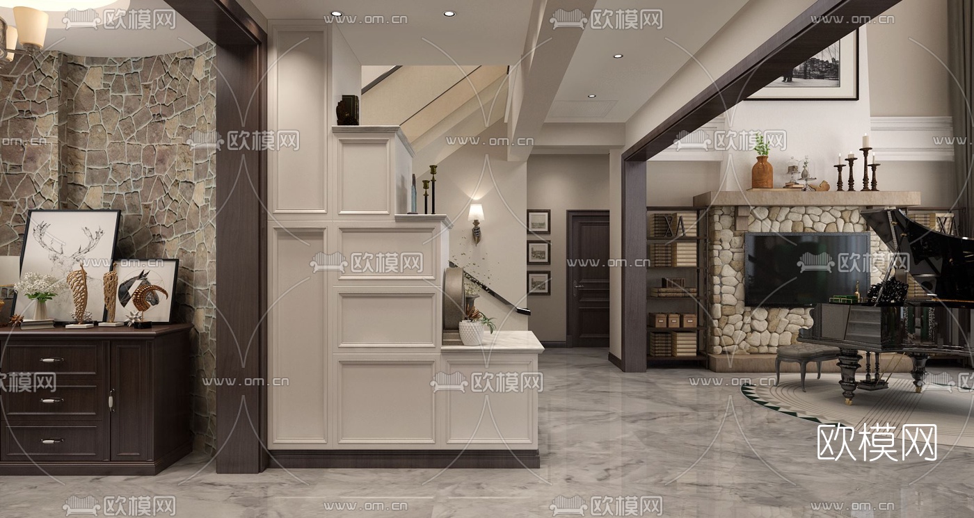 美式别墅混搭客厅楼梯玄关书房3d模型下载（渲染图2）