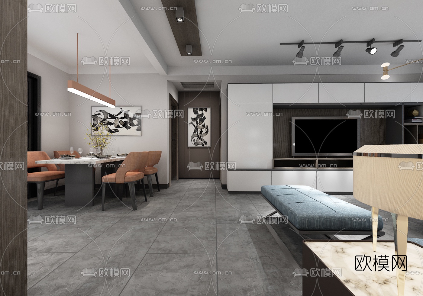 现代高级灰客厅餐厅3d模型下载（渲染图3）