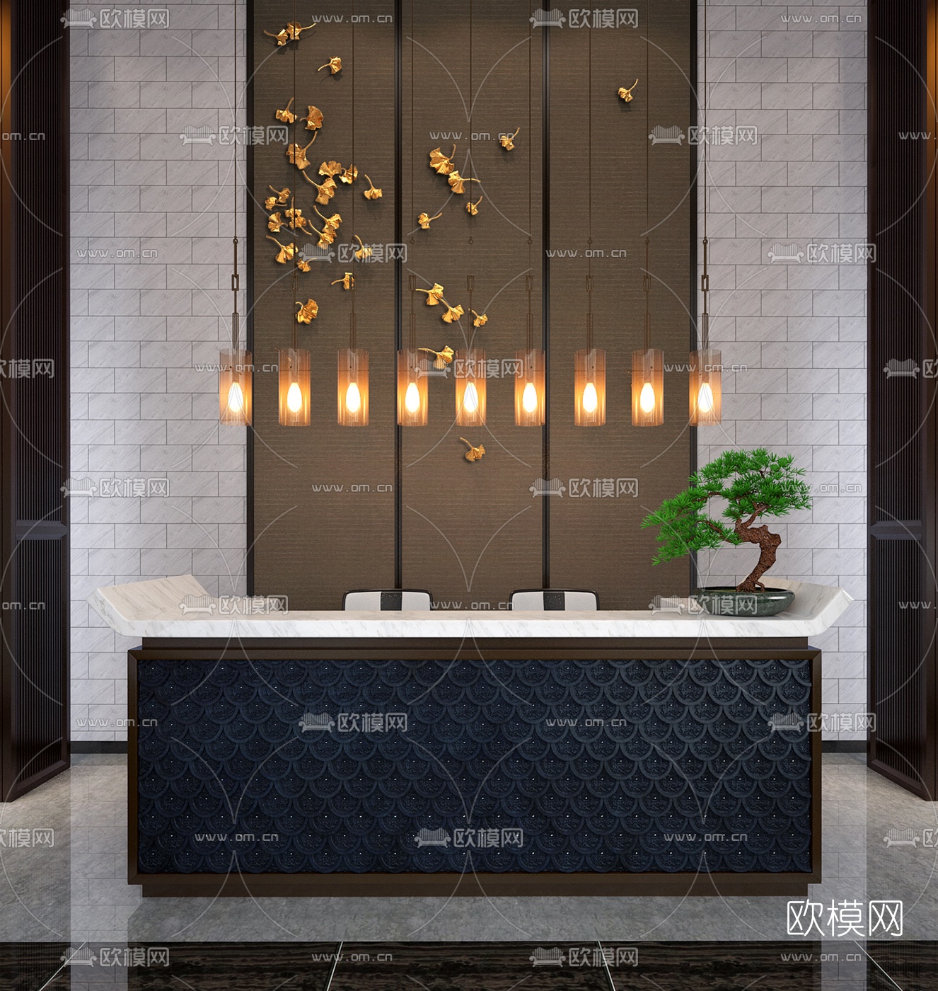 韩松设计 新中式售楼处前台3D模型下载（渲染图1）