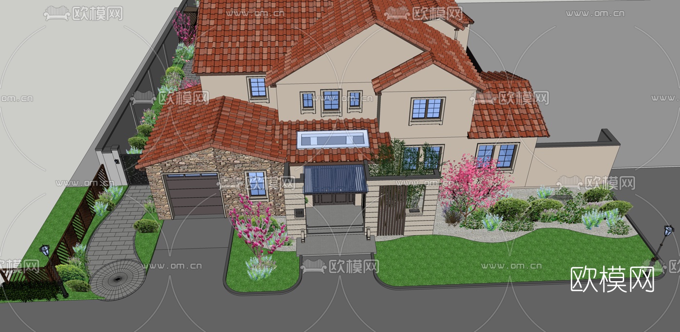现代独栋别墅su模型下载（渲染图2）