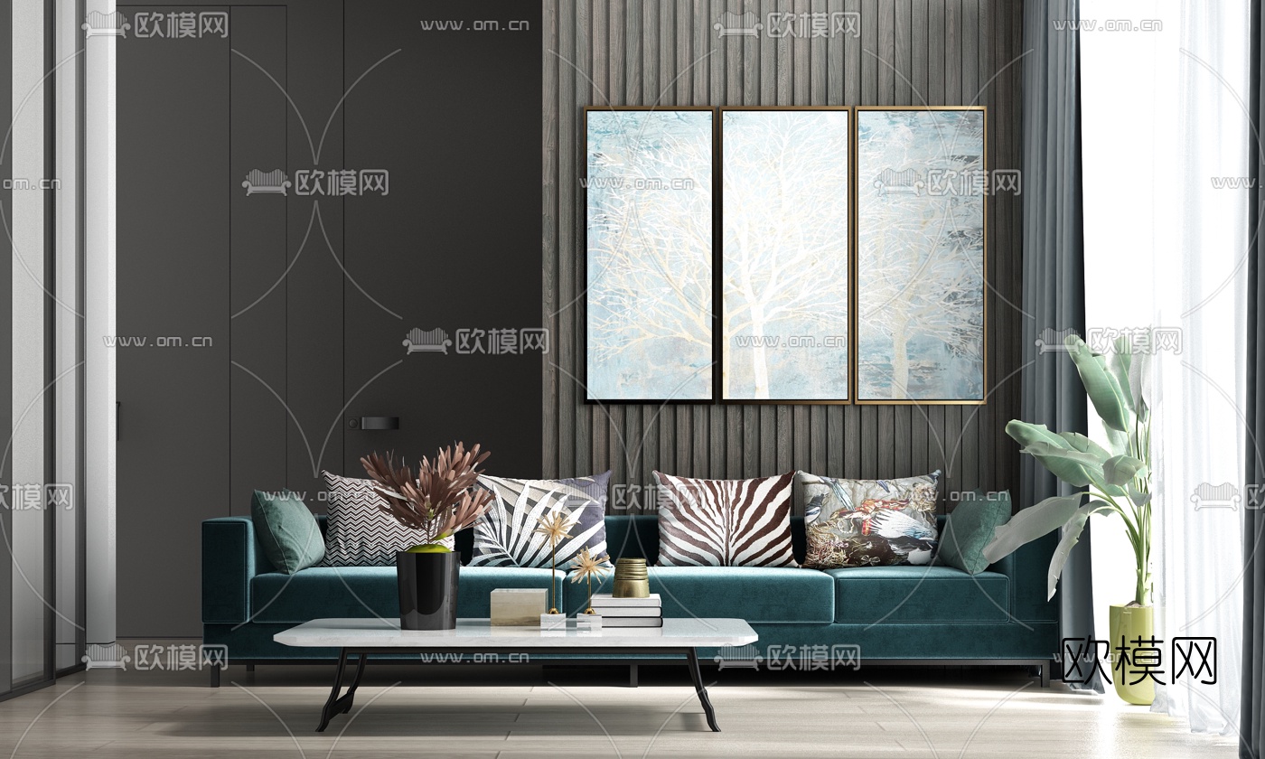 现代轻奢绒布多人沙发3d模型下载