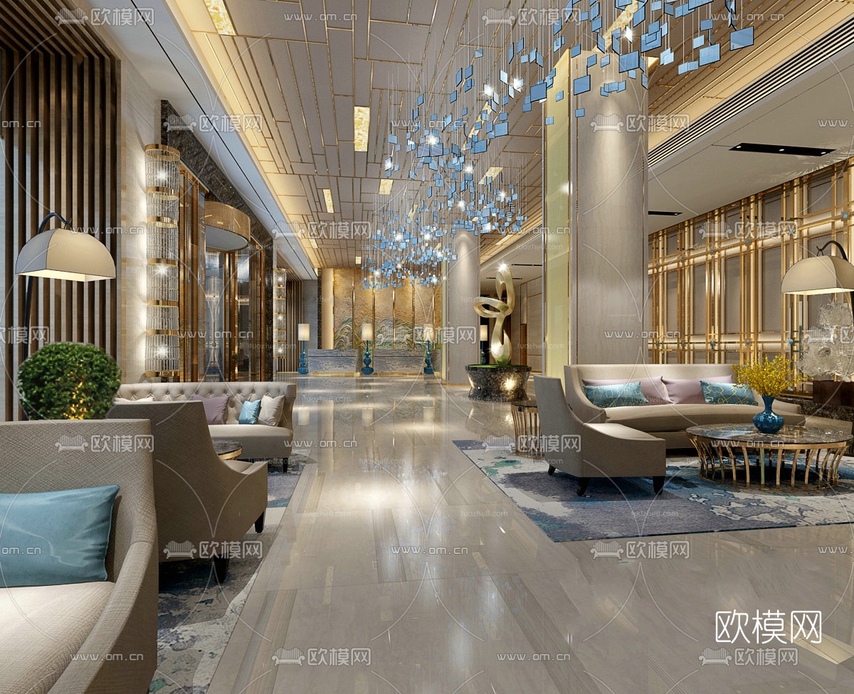 现代酒店前台接待大厅3D模型-免费3dmax模型库-欧模网