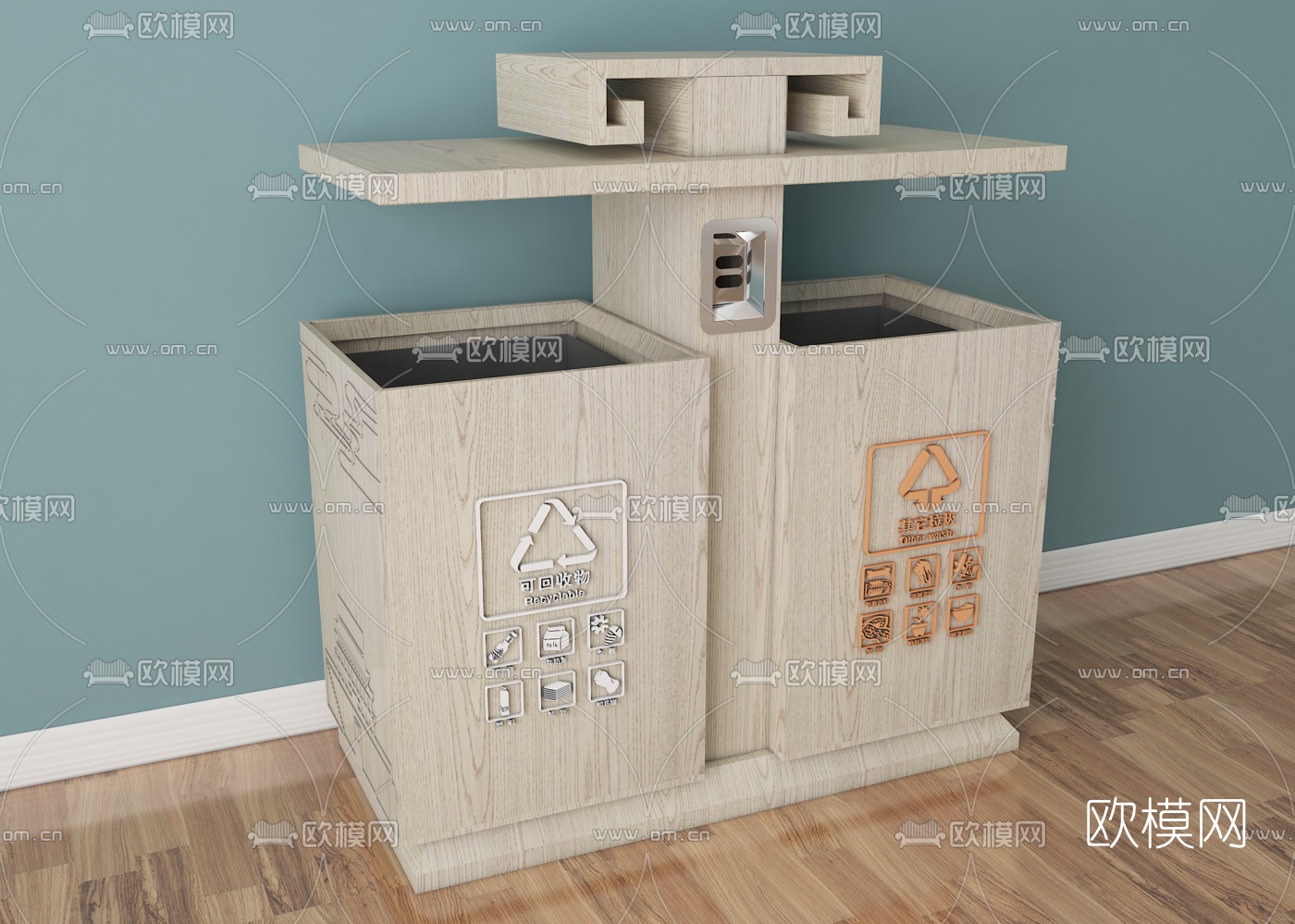 新中式实木公共垃圾桶组合3d模型下载（渲染图4）