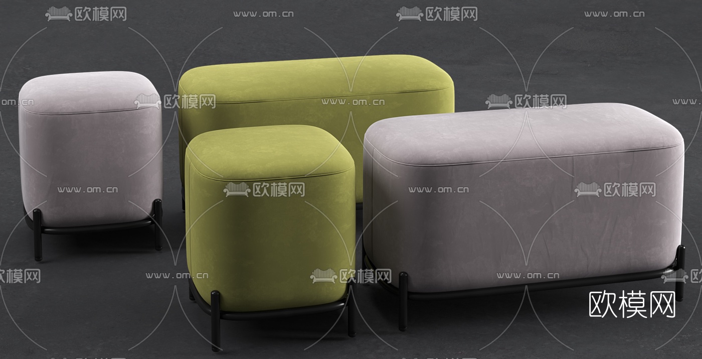 现代绒布凳子组合模型下载（渲染图1）